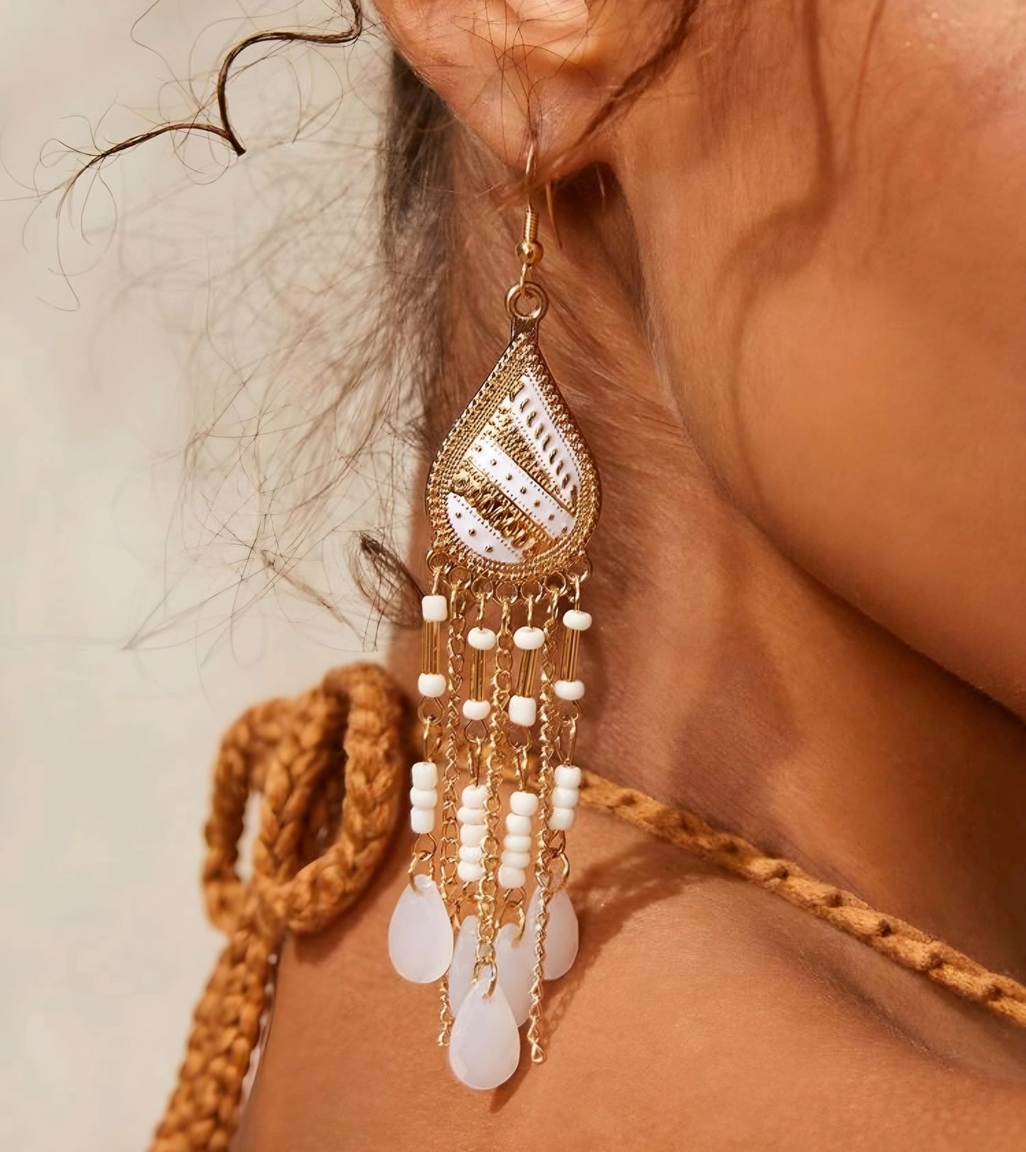 White & Gold Tassle Earrings