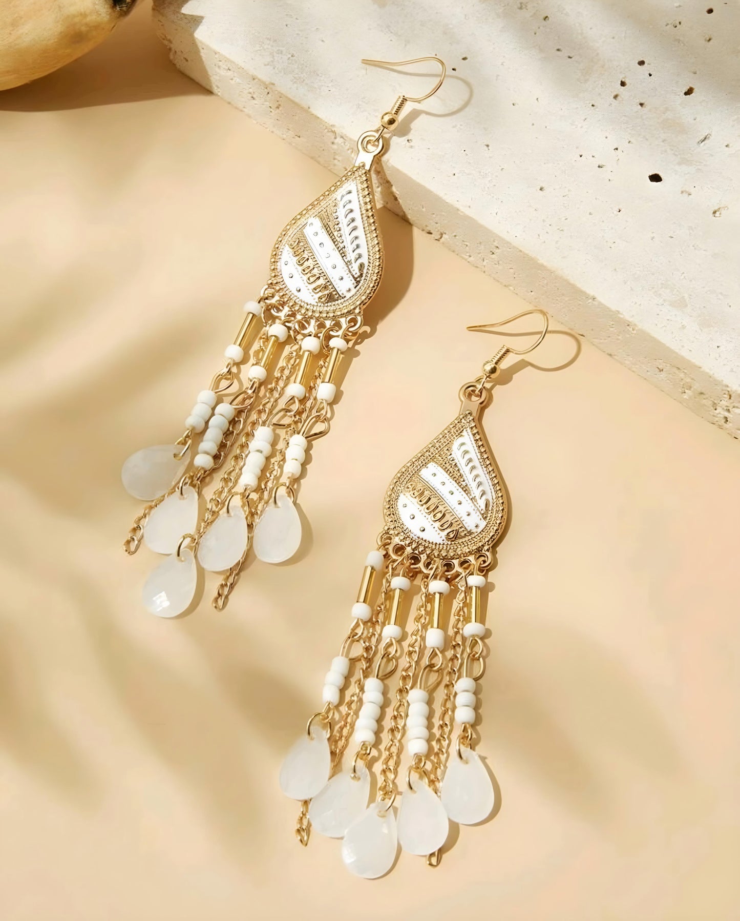 White & Gold Tassle Earrings