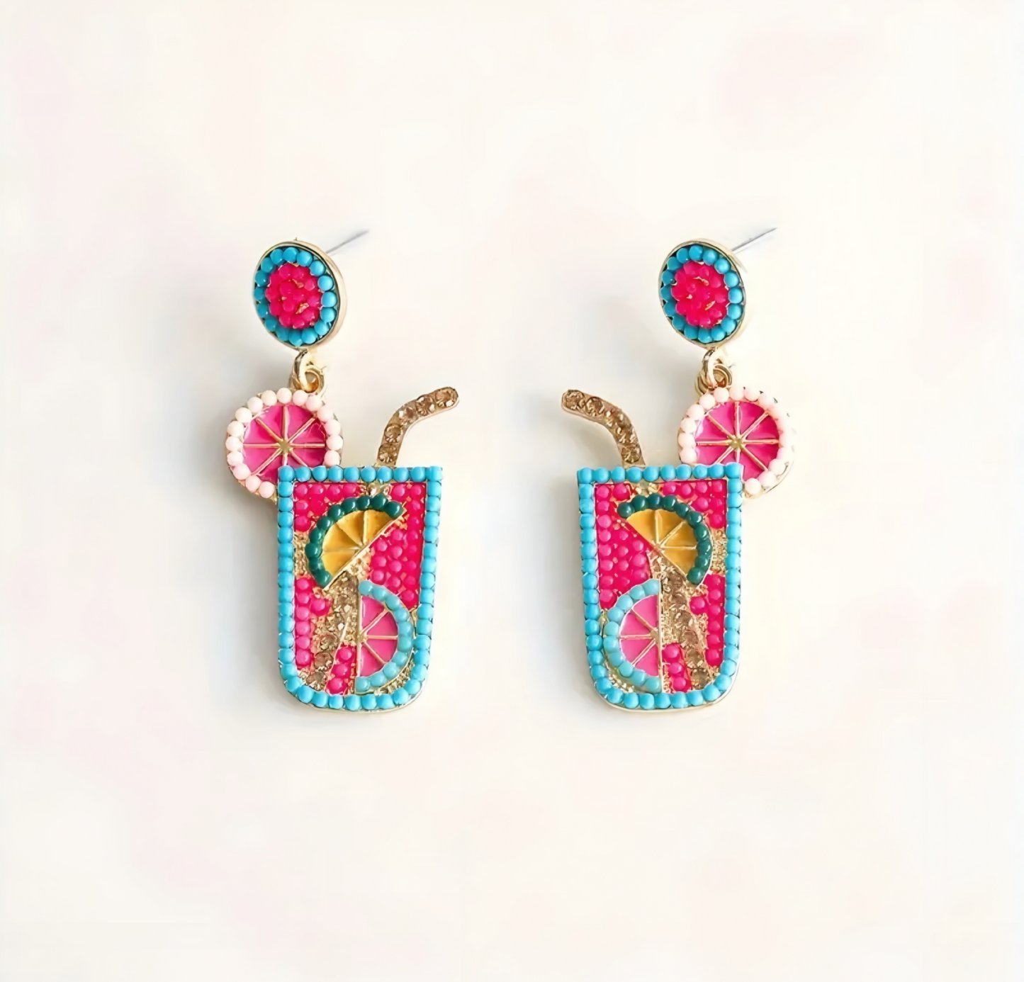 Beaded Cocktail Earrings - Pink & Blue