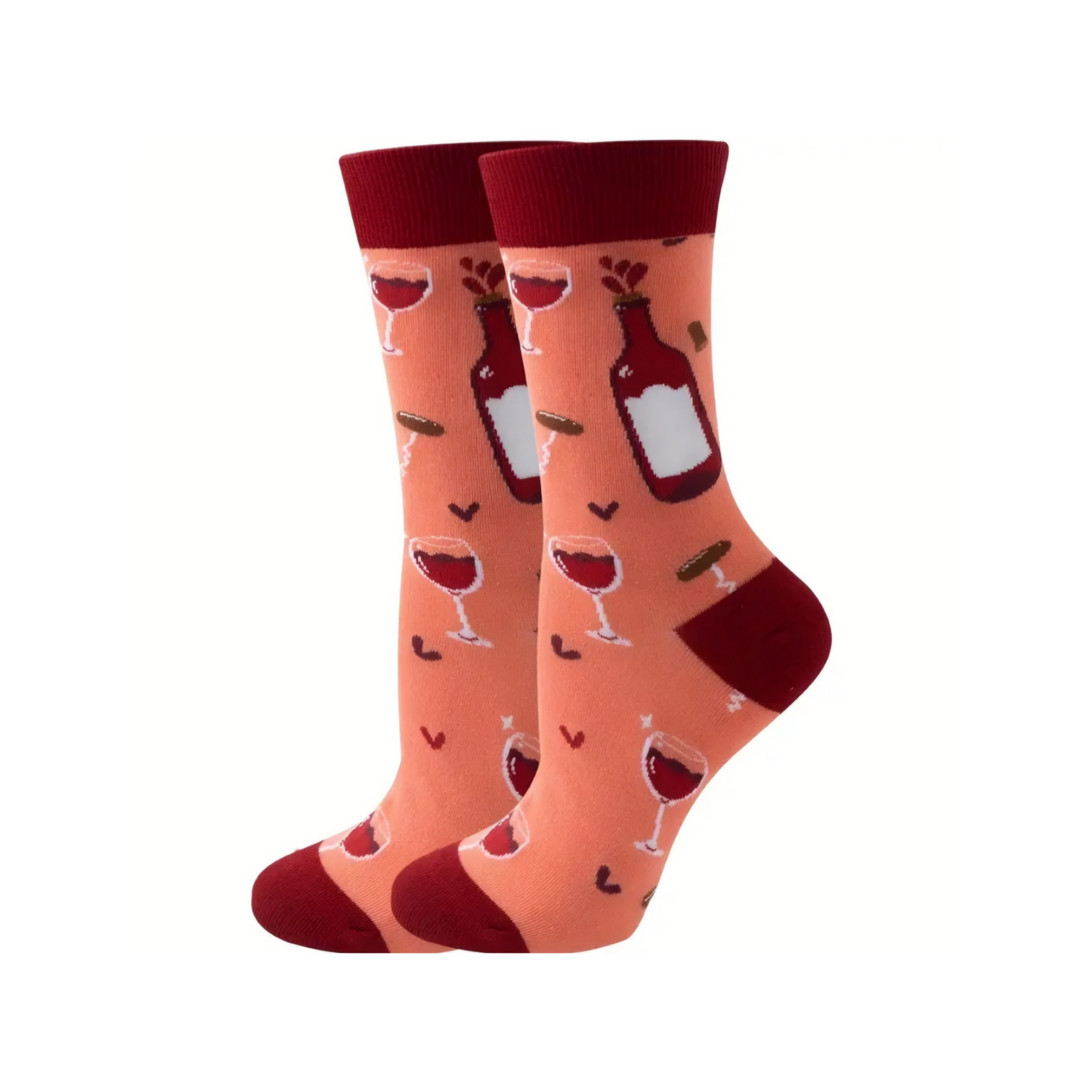 Pair of socks with wine bottle and glass designs on a white background