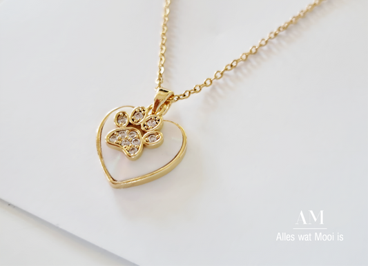 Gold Plated Rhinestone Heart Paw Necklace