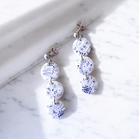 Blue & White Floral Art Earrings