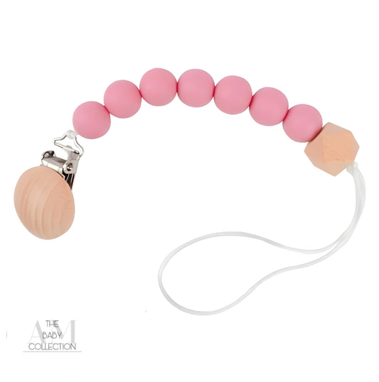 Pink Silicone & Wood Pacifier Clip