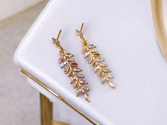 Golden Rhinestone Leaf Earrings