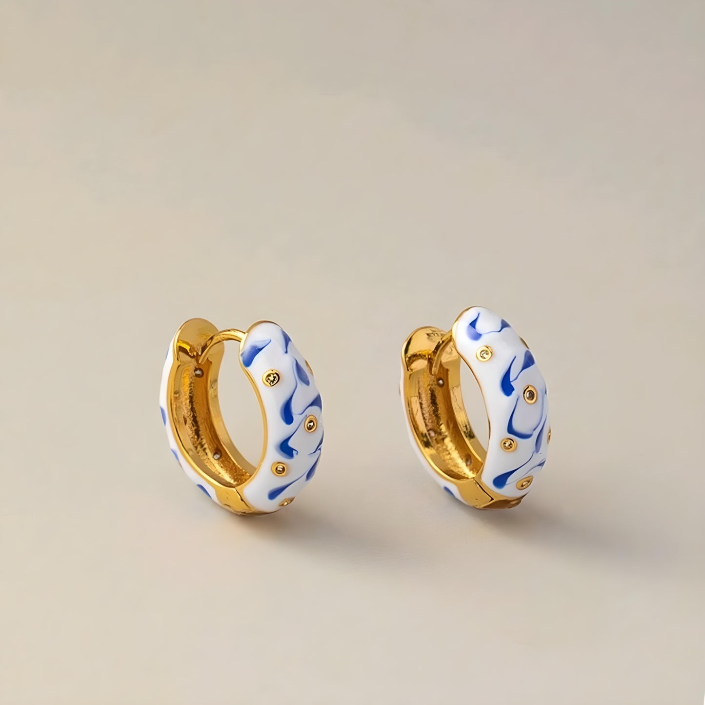 Gold Plated Blue & White Huggie Earrings