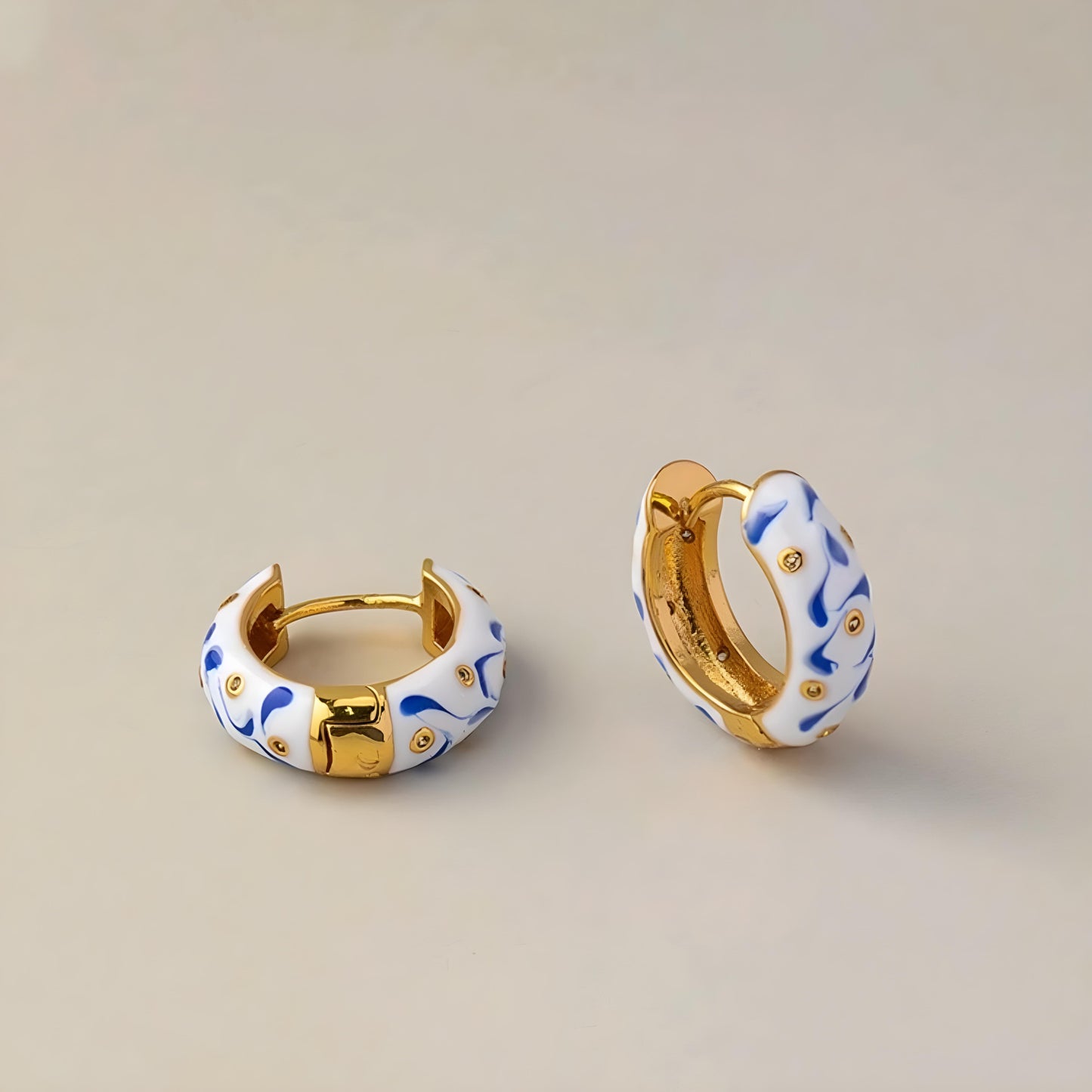 Gold Plated Blue & White Huggie Earrings