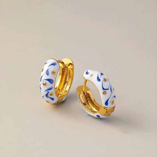 Gold Plated Blue & White Huggie Earrings