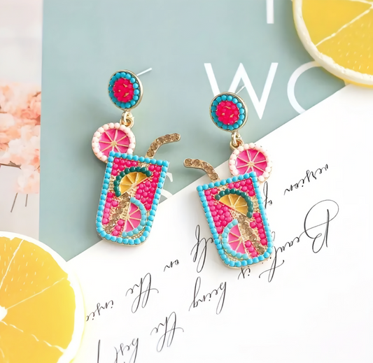 Beaded Cocktail Earrings - Pink & Blue