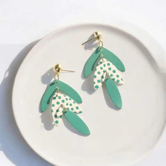 Green Polka Leaf Dangle Earrings
