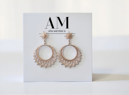 Rose gold hoop earrings on a card with 'AM' branding.