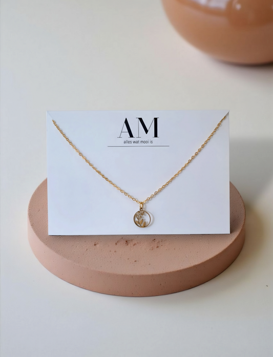 Gold necklace on a card with 'AM' branding on a beige stand.