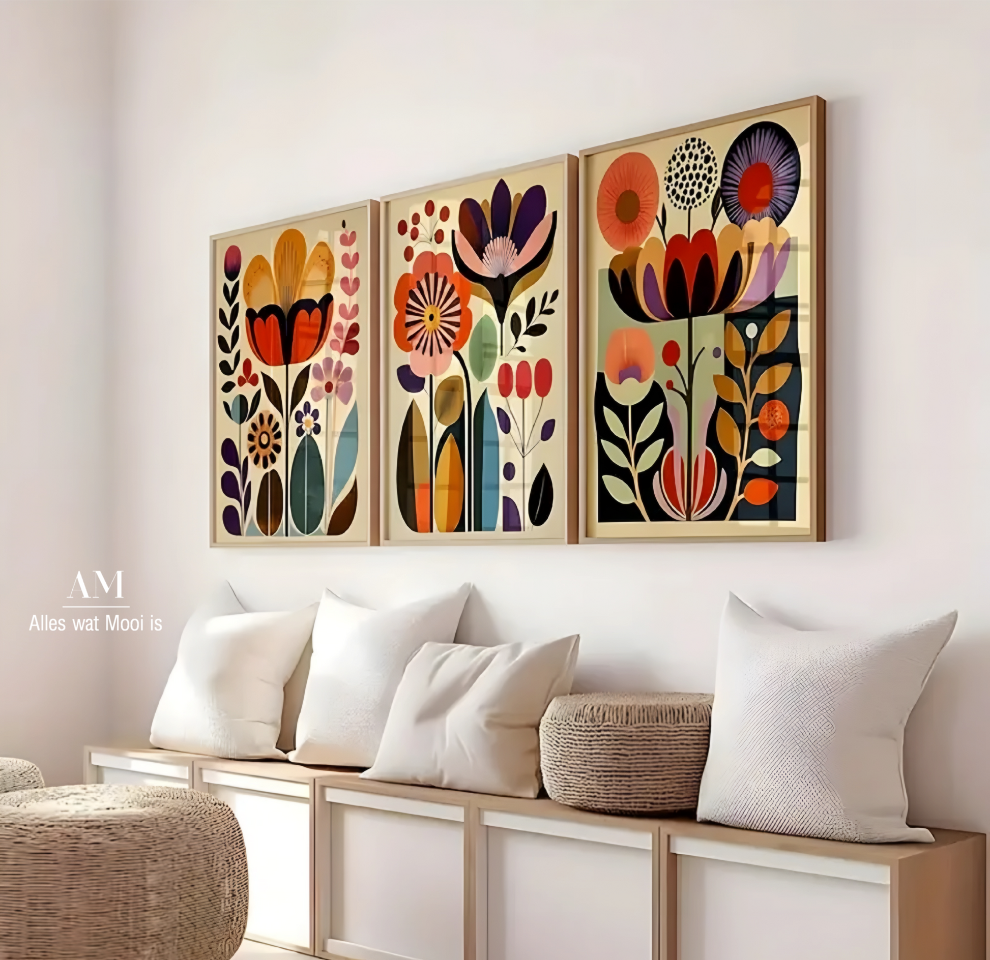 Three colorful floral artworks on a wall above a seating area with white cushions.