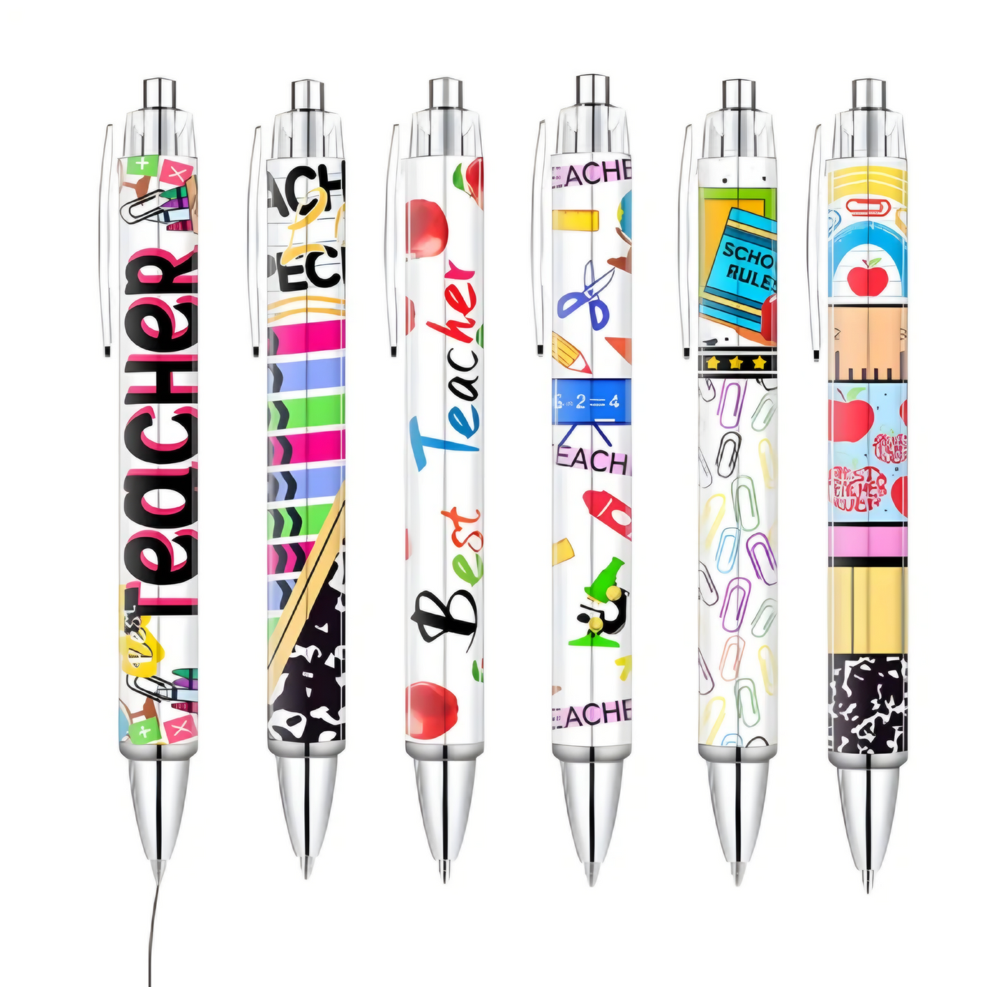 Set of six colorful pens with teacher-themed designs on a white background