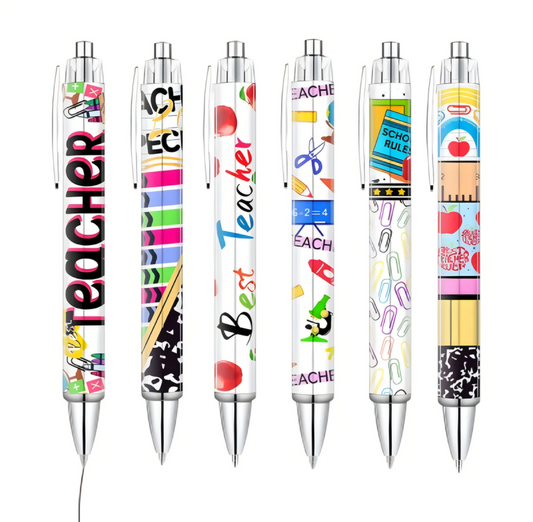 Set of six colorful pens with teacher-themed designs on a white background